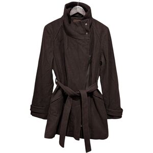 Cole Haan Brown Wool Blend Asymmetrical Zip Belted Coat - Size XL